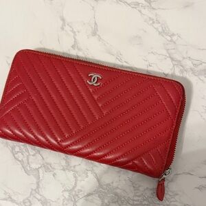 CHANEL Red Quilted Chevron Zip Wallet with Silver CC